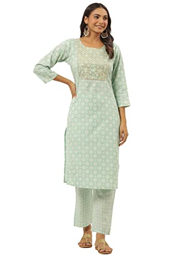 Image of YUFTA Women Black Floral Print Hand Work Cotton Kurta with Pant Set (6201SETBK )