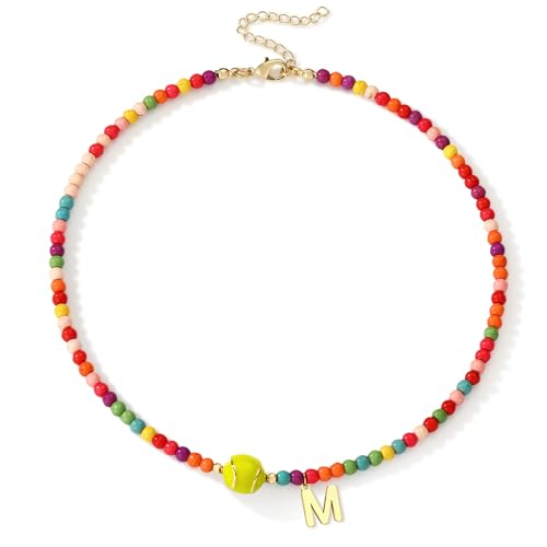 Miss Chipmunk Tennis Necklace Colorful Beaded Initial Necklace Gifts for Women Sport Accessories Letter Pendant Birthday Jewelry Gifts(Letter M)