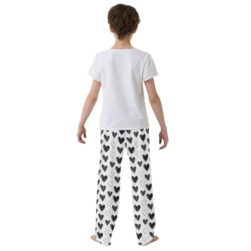 Black White Hearts Long Pajama Pants Elastic Waist PJ Bottoms with Pockets S A1133924