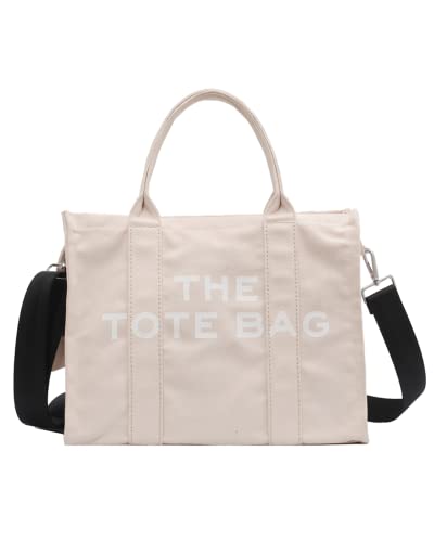 Cosetten Canvas Tote Bags for Women, Tote Bag Purse with Zipper, Shoulder/Crossbody/Handbag (White, Medium)