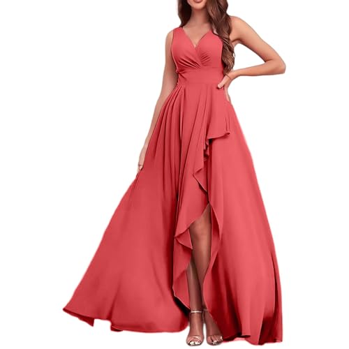 Robe de bal avec fente et taille haute pour femme - Longue robe de fête chic sans manches