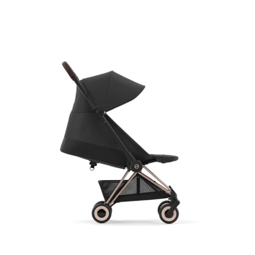 Image of Cybex Coya Compact Stroller, Lightweight One-hand Fold, Travel-Friendly Pram for Newborns, Infants, and Toddlers, Age 0-4 years, Flat Recline Position, One Pull Harness, Hand Luggage Compatible, Stroller (Sepia Black Rosegold Frame)