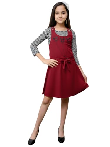 Image of FNOCKS Girls Pinafore Dress with Striped Inner Top & Bow Back Detail