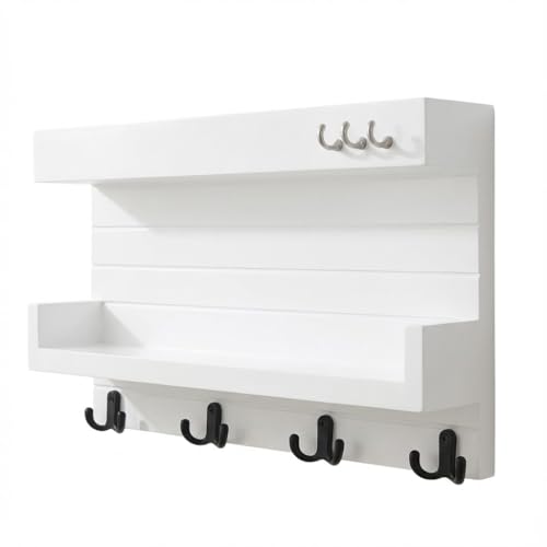 Image of Key Holder for Wall with Mail Shelf & 4 Hooks | Engineered Wood (White, 36D x 23W x 10H Centimeters)