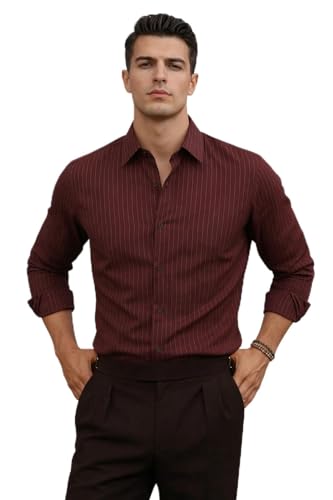 Image of Foomer Maroon Solid Self Design Opaque Party Men's Shirt