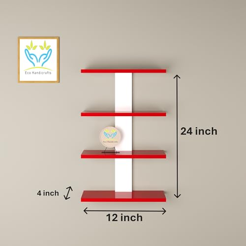 Image of Wooden Wall Mounted Floating Rack Shelves Book Stand Display Hanging Shelf Living Room Bedroom Storage Home Office for Decoration Showcase (Red White)