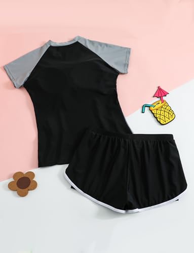 Image of SEAUR Teen Girls Swimsuit Rash Guard Swimwear Short Sleeve High Waisted Bikini Set Bathing Suits with UPF50+ Shorts Black Grey 11-13 Years