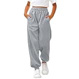 Sporthose Mädchen Baggy Jogginghose Einfarbige Drawstring Jogginghosen Teenager Mädchen High Waist Sweatpants Kinder Elastische Freizeit Lang Hosen mit Taschen (Light Ashy, 11-12 Years)