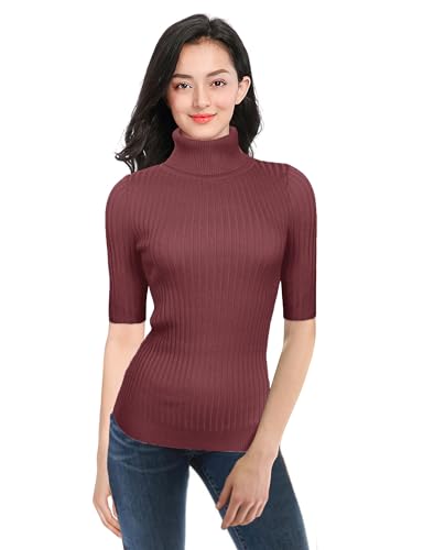 Image of v28 Women Turtleneck 1 /2 Half Sleeve Highly Stretchy Ribbed Knit Fitted Sweater