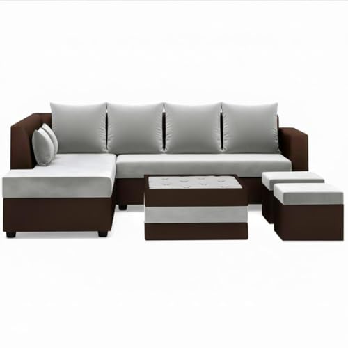 Image of CASASTYLE Stylify 8 Seater Fabric LHS L Shape Sofa Set with 1 Centre Table & 2 Ottoman (Light Grey-Dark Brown) 8 Person Seating with Premium Velvet Finish | Ideal for Living Rooms
