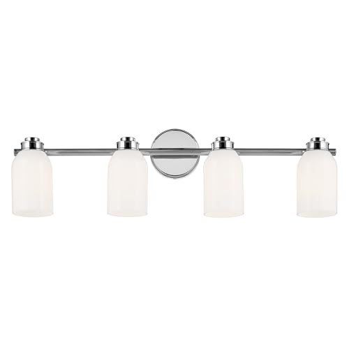 Image of Kichler Shae 4-Light Bathroom Vanity Light, Chrome | White opal glass vanity light for modern bathroom mirrors (32.25 inch x 9 inch), 55203CH
