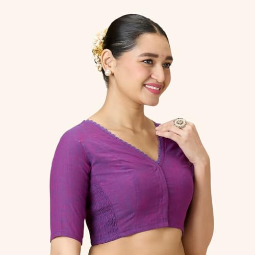 Image of Studio Shringaar Women's Handloom Cotton Side Stretchable (Smocked) Readymade Saree Blouse with Crochet Neckline