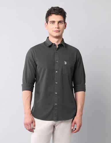 Image of U.S. Polo ASSN. Solid Slim Fit Shirts for Men - 100% Cotton, Full Sleeve Mens Casual Shirts