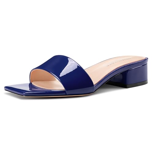 Image of TNYNFBEB Womens Chunky Block Low Heel Open Square Toe Sandals Mules Shoes Slip-on Prom Party Dress Patent Leather 1.4 Inches Heels