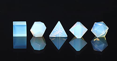 Crocon Opalite 5 Pcs Platonique Solide Pierres Sacrées Géométrie Ensemble pour Reiki Guérison Chakra Pierre Équilibrage Cristal Nettoyage Spirituel Argent Bonne Chance Décor Taille: 15-20 mm Cover