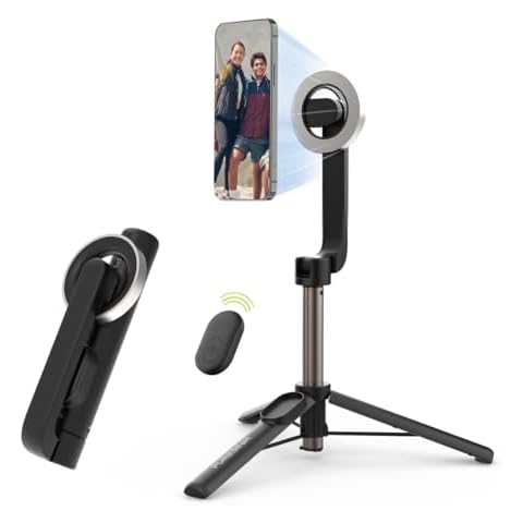 PureGear Magnetic Selfie Stick Tripod Stand with Wireless Remote, Compatible with MagSafe for iPhone 16/15/14/13/12 Series and Android Phones, Extendable Tripod Mount and Stand (Black) Cover