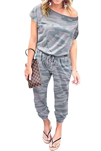 Image of PRETTYGARDEN Jumpsuits for Women Summer Off Shoulder Romper | Short Sleeve Drawstring Waist, Jogger Jumpers with Pockets, One Piece Spring Break Outfits, Vacation Travel Lounge Clothes