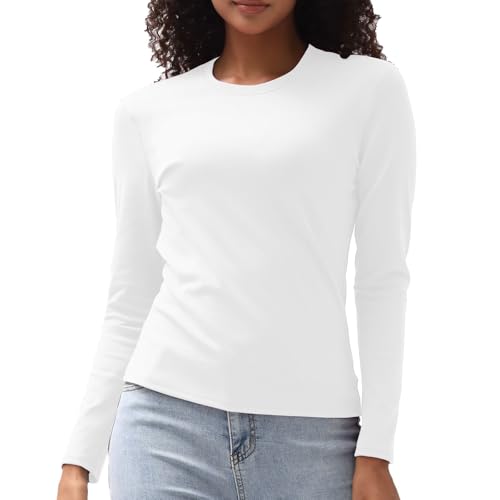 Cotton Long Sleeve Tee Shirts for Women Slim Fit Tshirts Basic Tops Tight Crewneck Layering Undershirts(White,Medium)