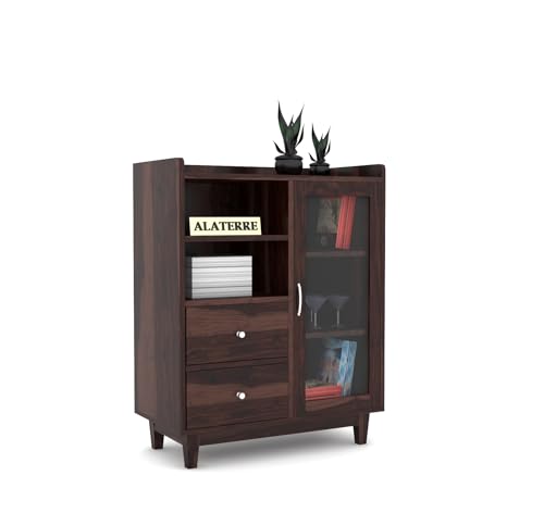 Image of Wood Kitchen Crockery Cabinet with Glass Door | Book Shelf for Home Library, Sideboard Cabinets Living Room, Home Kitchen Furniture, Storage Cabinet, Walnut Finish