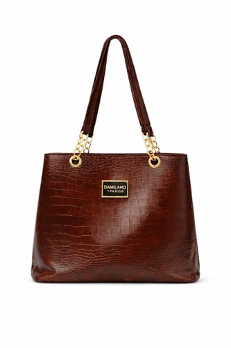 Image of Women Brown Faux Leather Croco Texture Tote Bag Shoulder Straps & Gold Chain Detail Handbag for Office & College Use