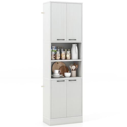 COSTWAY Tall Kitchen Cupboard, 4-Door Buffet Pantry Storage Cabinet with Shelves, Safety Hinges & Anti-tipping Devices, Freestanding Sideboard Organizer Unit for Dining Room Living Room (White Oak)