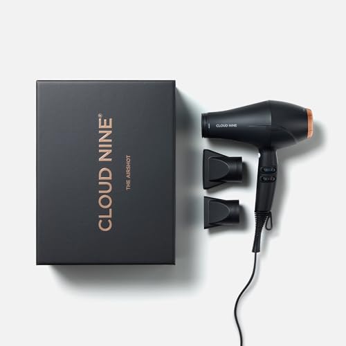 CLOUD NINE The Airshot Hair Dryer Gold Edition | Fast Compact 2000w All Hair Types | Variable Temperature Control Low Mid High | Two Nozzles Included | Anti Static Technology