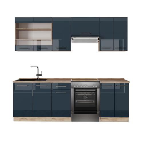 Vicco Küchenzeile Fame-Line, Dunkelblau Hochglanz/Goldkraft Eiche, 240 cm ohne Arbeitsplatte