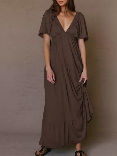 Image of Kikibell Women Summer Dresses Sexy V-Neck Maxi Dress Tiered Silhouette with Flutter Sleeve Backless Elastic Waist Flowy Dress