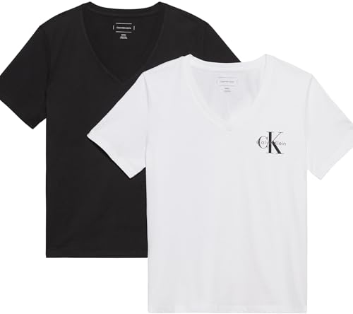 Calvin Klein T-Shirts Manches Courtes Lot de 2 Femme Logo Tee avec Col en V, Multicolore (Black / Brilliant White), L