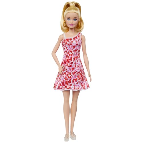 Barbie® Fashionistas™ Doll #205 with Blond Ponytail, Wearing Pink and Red Floral Dress, Platform Sandals and Hoop Earrings