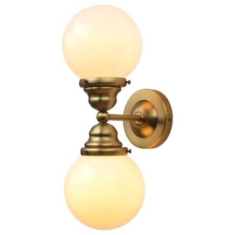 Pathson Milk White Glass Wall Sconces Lighting, 2 Lights Industrial Wall Vanity Light Fixtures Brass Finish, Vintage Wall Sconce Lamp for Bathroom Living Room Bedroom Cover