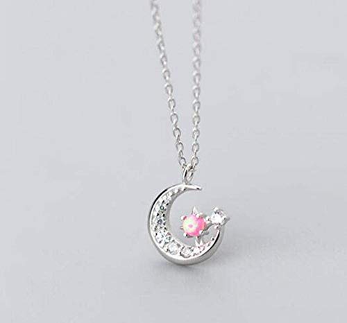 Preisvergleich Produktbild CKAWM Halskette Anhänger Halskette Synthetischer Diamant Opal Mond Anhänger Kette Schlüsselbein Sweet Style Schmuck Silver-925_Silver_Silver