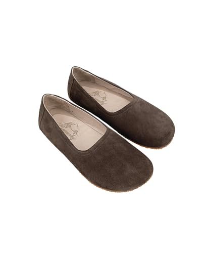 Tulip Brown Color Artisan Handcrafted Genuine Leather Zero Drop Barefoot Flat Ballet Shoes for Women Wide Toe Box Flexible Sole Lightweight Breathable Eco-Friendly Grounding Minimalist Shoes