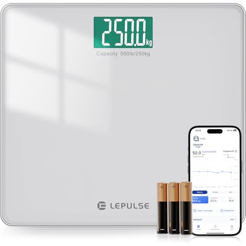 Lepulse Bilancia Pesapersone Digitale in Vetro Temperato, 33x30cm, Max 250kg, Pesa Persone Professionale Bilancia Smart con app, Digitale Bluetooth, Graduazione di Precisione Ogni 100g, per Peso, BMI