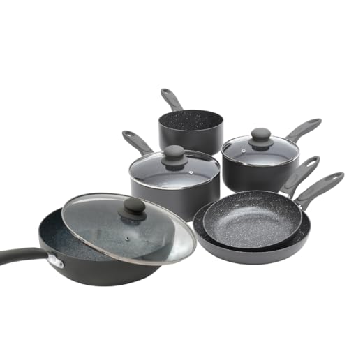 Durastone Grey Non-Stick Cookware Set - Induction & All Hob Compatible with Glass Lids (6 Piece Pan Set Including Wok, x3 Saucepans and x2 Frying Pans)