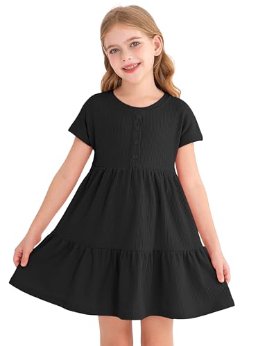 Girls Waffle Knit Button Detail Tiered Dresses Short Sleeve Casual Sun Beach Dress2