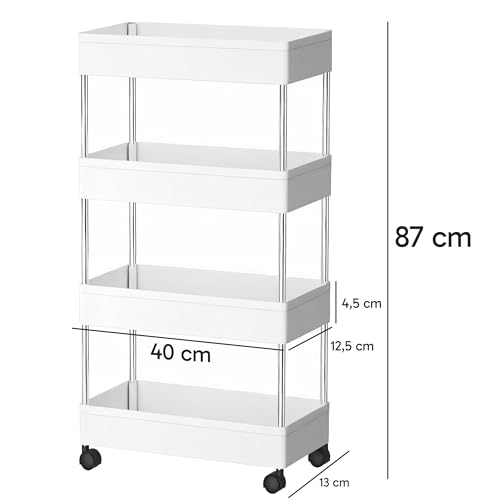 Retoo Rollwagen mit 4 Ebenen, Küchewagen auf Rollen, Nischenregal, Badregal, Aufbewahrungsregal, Regal für Küche, Badezimmer, Schlafzimmer, Büro, Kinderzimmer, 87 x 13 x 40 cm, Weiß