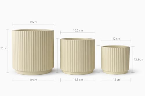Image of Xtore Atelier Ceramic Ribbed Planter Set | Minimal Vertical Groove Plant Pots for Home, Office & Living Room Decor - (Set of 3, Beige,Planter ONLY)