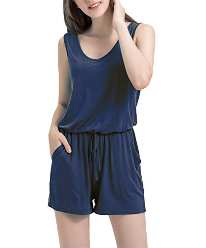 Dreamskull Mono mono mujer verano corto pantalón Romper una pieza sin mangas elegante sexy con bolsillos V cuello en V playa casual suelto casual, azul, L Cover