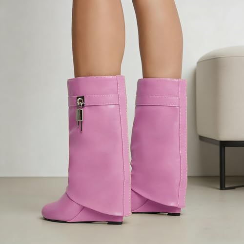 Image of keleimusi Fold Over Wedge Boots Heeled PadLock Pant Knee High Shoes Tall /Short Booties