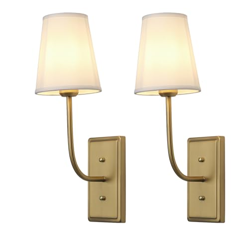 JIMUBEAMFarmhouse Brass Wall Sconce 1-Light, Linen Fabric Shade Wall Lamp Hardwired Indoor Wall Light for Bedroom Living Room Vanity Bathroom (White Cloth 2-Pack)