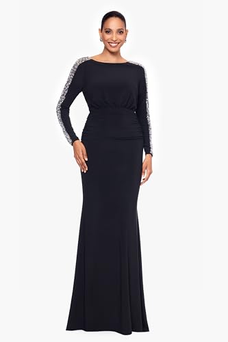 Betsy & Adam Women's Long Embellished Sleeve Ruched Waist Evening Gown with Keyhole Back Detail2