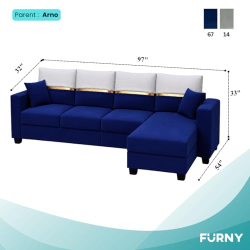Image of Furny Arvea 5 Seater Fabric RHS L Shape Sofa Set (Blue) | Soft Velvet Fabric | Modern Design | Comfortable Seating | Living Room Furniture