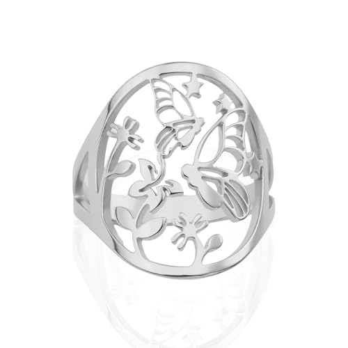 VASSAGO Anillo Flor de Mariposa para Mujer Anillos de Dedo de Acero Inoxidable Regalo de Joyería de Animal Dainty para Adolescentes
