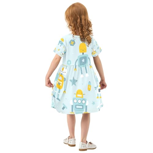 Cute Blue Robots Girls Dress Short Sleeve Dress Girls' Summer Sundress 4T4