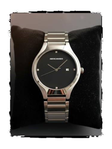 AMERICANVIBER Men's Minimalist Watch, Silver Stainless Steel, White Dial with Crystal Accents, Analog Quartz Movement, Date Window For Men (Black)