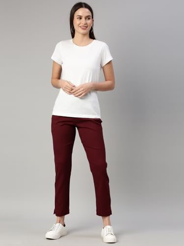 Image of MINELLI Women Solid Cigar Pants, Cotton Lycra Slub Fabric, Elasticated Waistband, Pull On Style, Regular Fit Bottom Wear for Western and Ethnic Wear