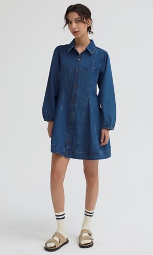 D-Sun Women's Long Sleeve Denim Dress Button Down Collar Casual A Line Swing Ruffle Jean Mini Dresses4