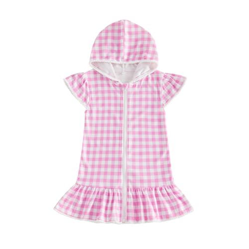 Image of Girls Hooded Terry Coverups One Piece Swimsuits Beach Stripe Trim Zip Up Fly Sleeve Swim Cover Up Swimwear