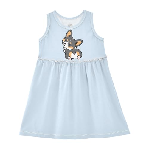 Girl Sleeveless Dress Summer Tank Play Dress Outfit Cute Tricolor Corgi Dog Wink Back 2T-8T